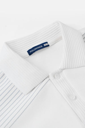 Chi Tiết Cổ Áo Polo Elon Polomanor Màu Trắng Sọc Xanh Cotton Interlock Regular Fit