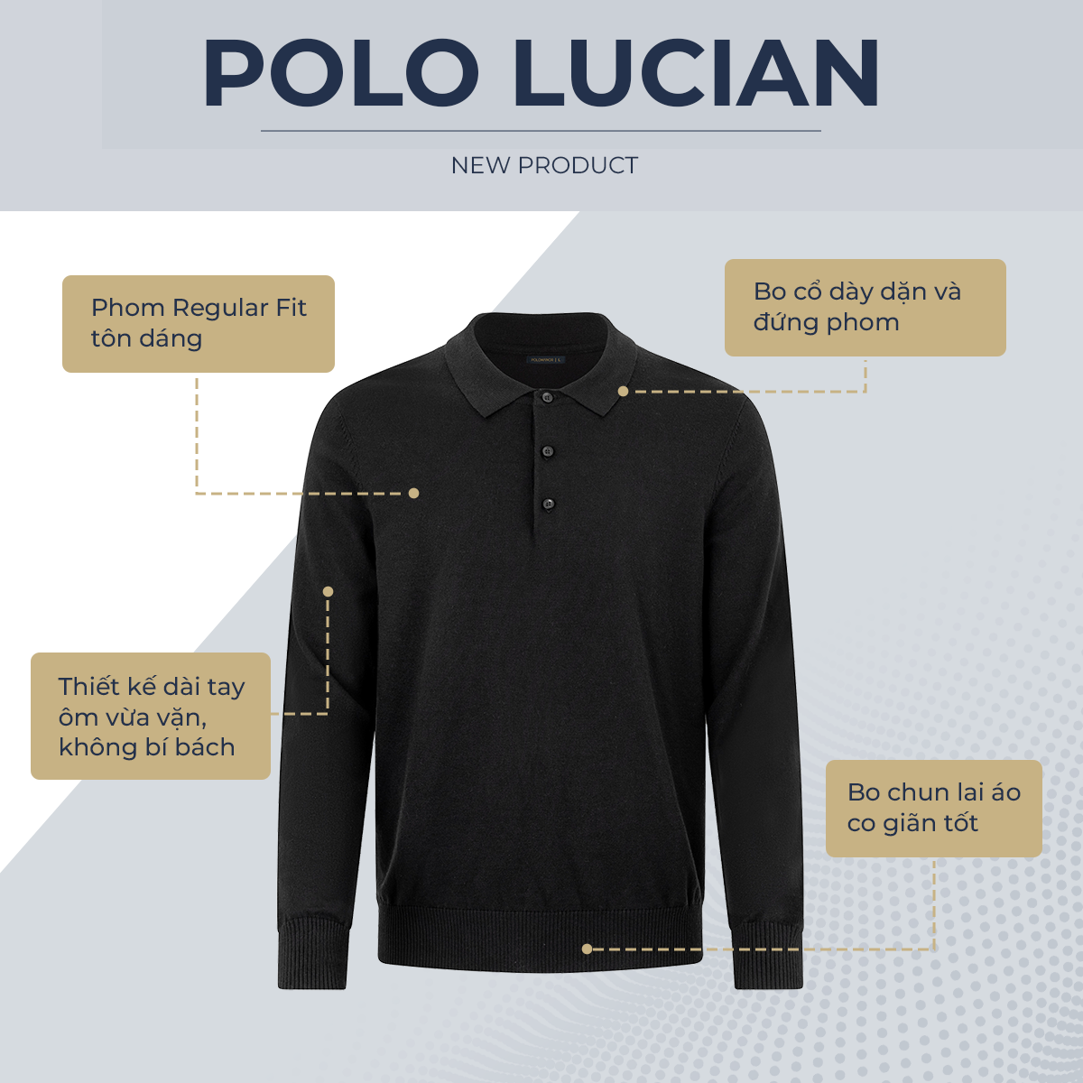 Áo Polo Nam Dài Tay Lucian vải Arylic Cotton phom Regular Fit
