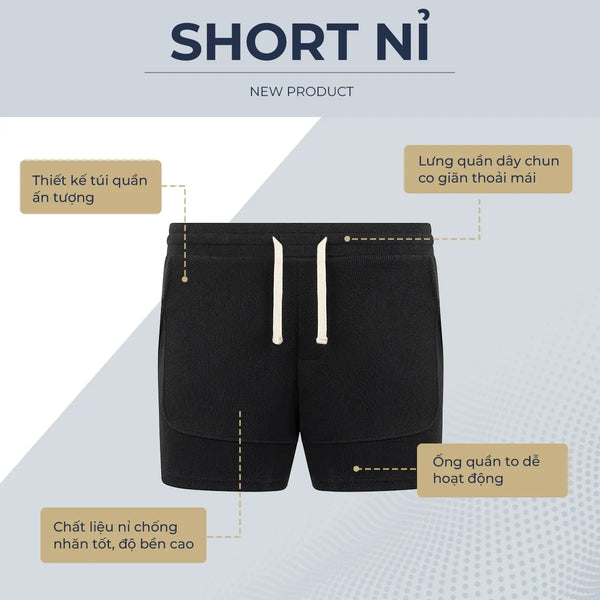 Quần Shorts Nam Nỉ Polomanor Màu Đen Vải Nỉ Chân Cua Regular Fit