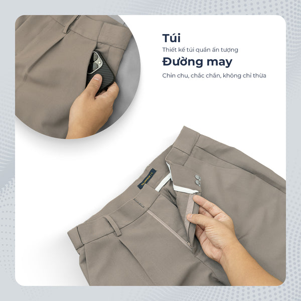 Chi Tiết Khoá Kéo Quần Shorts Tây Nam Polomanor Màu Xám Be Khaki Tây Regular Fit