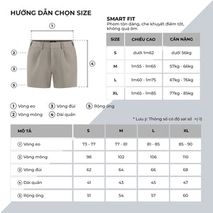 Chi Tiết Bảng Size Quần Shorts Tây Nam Polomanor Màu Xám Be Khaki Tây Regular Fit